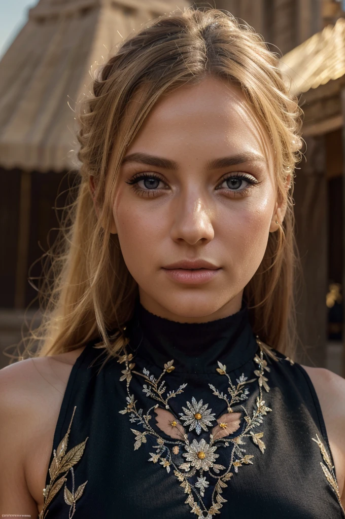 a beautiful blonde woman, beautiful golden blonde hair, detailed eyes, beautiful detailed lips, extremely detailed face, long eyelashes, in the country of Egypt, wearing a long black arab dress which goes to her feet, (best quality,4k,8k,highres,masterpiece:1.2),ultra-detailed,(realistic,photorealistic,photo-realistic:1.37),HDR,UHD,ultra-fine painting,sharp focus,physically-based rendering,extreme detail description,professional,vivid colors,bokeh,portrait, vue sur les pyramides en arrière plan, photo prise par un photographe, le cheveux porter par le vent, les mains derrière le dos