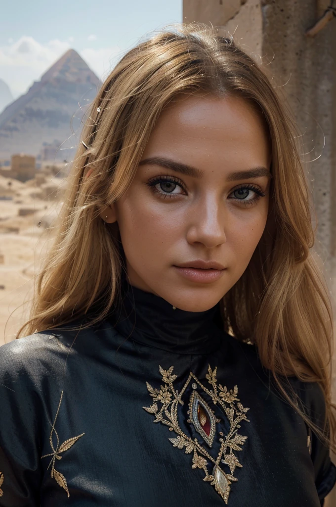 a beautiful blonde woman, beautiful golden blonde hair, detailed eyes, beautiful detailed lips, extremely detailed face, long eyelashes, in the country of Egypt, wearing a long black arab dress, (best quality,4k,8k,highres,masterpiece:1.2),ultra-detailed,(realistic,photorealistic,photo-realistic:1.37),HDR,UHD,ultra-fine painting,sharp focus,physically-based rendering,extreme detail description,professional,vivid colors,bokeh,portrait, with a view of pyramide behind, photo de la tête jusqu'au genoux, le cheveux porter par le vent