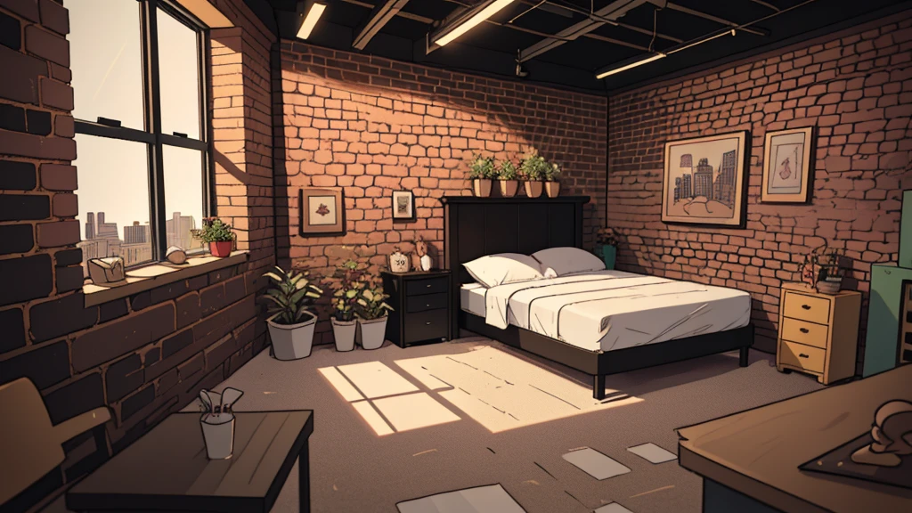 psychedelic_blackw, Chic city loft bedroom with platform bed and exposed brick wall || work of art, perfect quality, sharp focus, Shallow depth of field, 8K