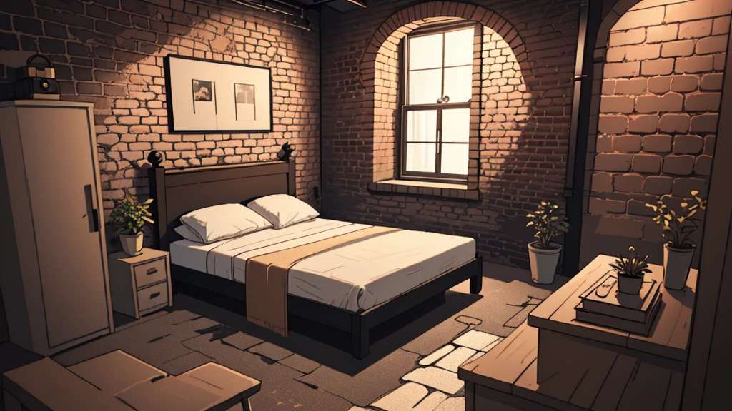 psychedelic_blackw, Chic city loft bedroom with platform bed and exposed brick wall || work of art, perfect quality, sharp focus, Shallow depth of field, 8K