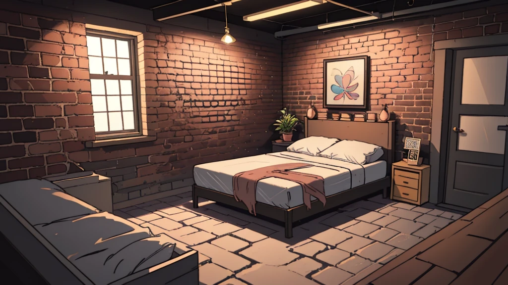 psychedelic_blackw, Chic city loft bedroom with platform bed and exposed brick wall || work of art, perfect quality, sharp focus, Shallow depth of field, 8K