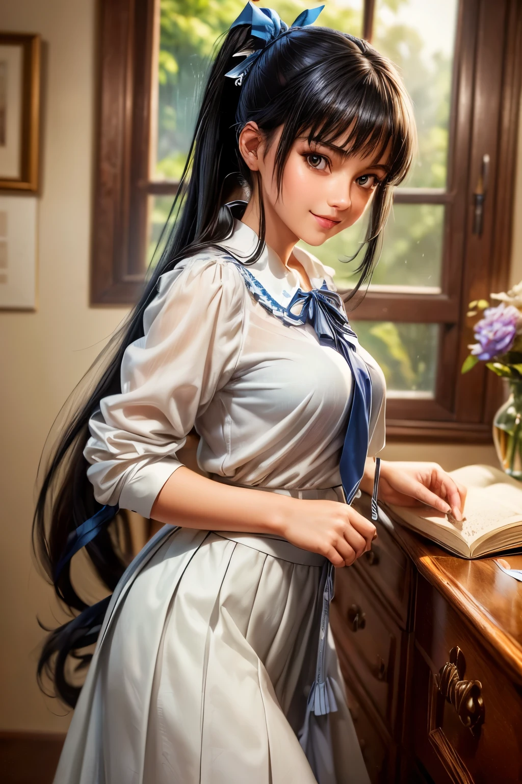 Masterpiece, Top Quality, High Resolution, Very Detailed, Detailed Background,(Fraulem Chrome, (Black Hair, Semi-Long Hair, Blue Ribbon in Ponytail),(White Blouse, Blue Short Ribbon Tie, Blue Long Skirt), Small, Neat, Black Eyes,Studying, Gentle Smile), Scaled Out, Chic Study, Vase