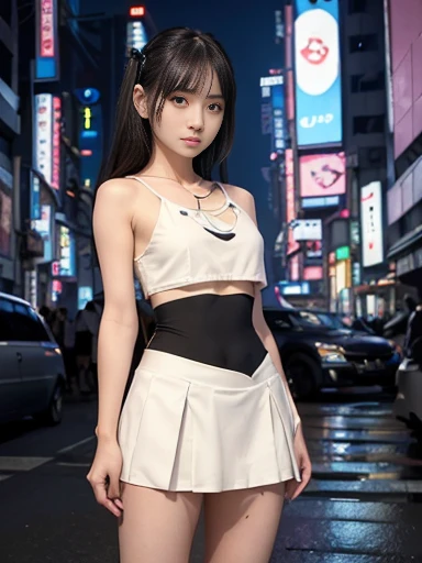 Japanese female, a lot of details, (underweight), 30 years old, detailed black hair, beautiful detailed hair, super fucking beautiful, delicate beautiful face, complex details beautiful and delicate eyes, perfect hands, (flat chest best quality:1.5), perfect and delicate limbs, detailed skin, best quality, ultra-detailed,wonderland, architectural photograph, car, surprised, standing, tank top, overskirt, blonde Clothes, japanese, in the city, (cyberpunk:1.4), high-tech architecture, (full body shot:1.1), ground-level shot, wide-angle lens