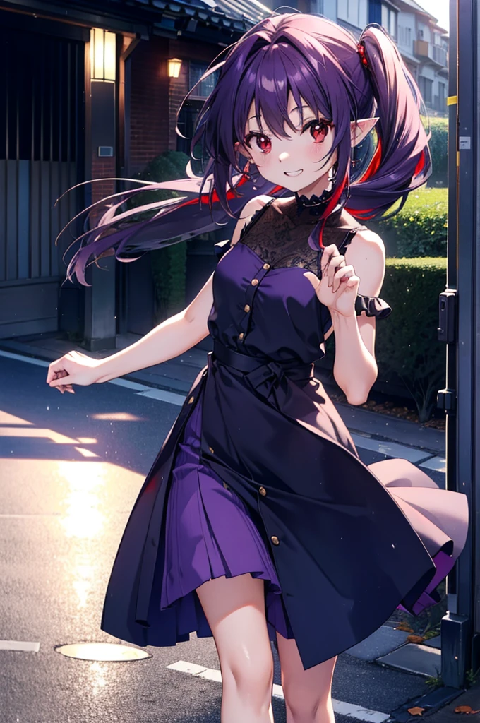 yuukikonno, Yuki Konno, hair band, Long Hair, Pointy Ears, Purple Hair, (Red eyes:1.5), (Small breasts:1.2),Side Ponytail,smile,Grin,Purple sleeveless dress、Cute Sandals,Put your right hand on your hip,Push-type suitcase,Are standing,Daytime,whole bodyがイラストに入るように, break looking at viewer, whole body, break outdoors,countryside, Residential Street,city, break (masterpiece:1.2), Highest quality, High resolution, unity 8k wallpaper, (shape:0.8), (Fine and beautiful eyes:1.6), Highly detailed face, Perfect lighting, Highly detailed CG, (Perfect hands, Perfect Anatomy),チックなmorning日,morning,Extreme Light,