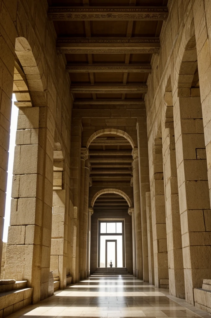 Rectangular stone hall 20 meters wide and 30 meters high with a 20 meter high goddess statue and with people in the hall