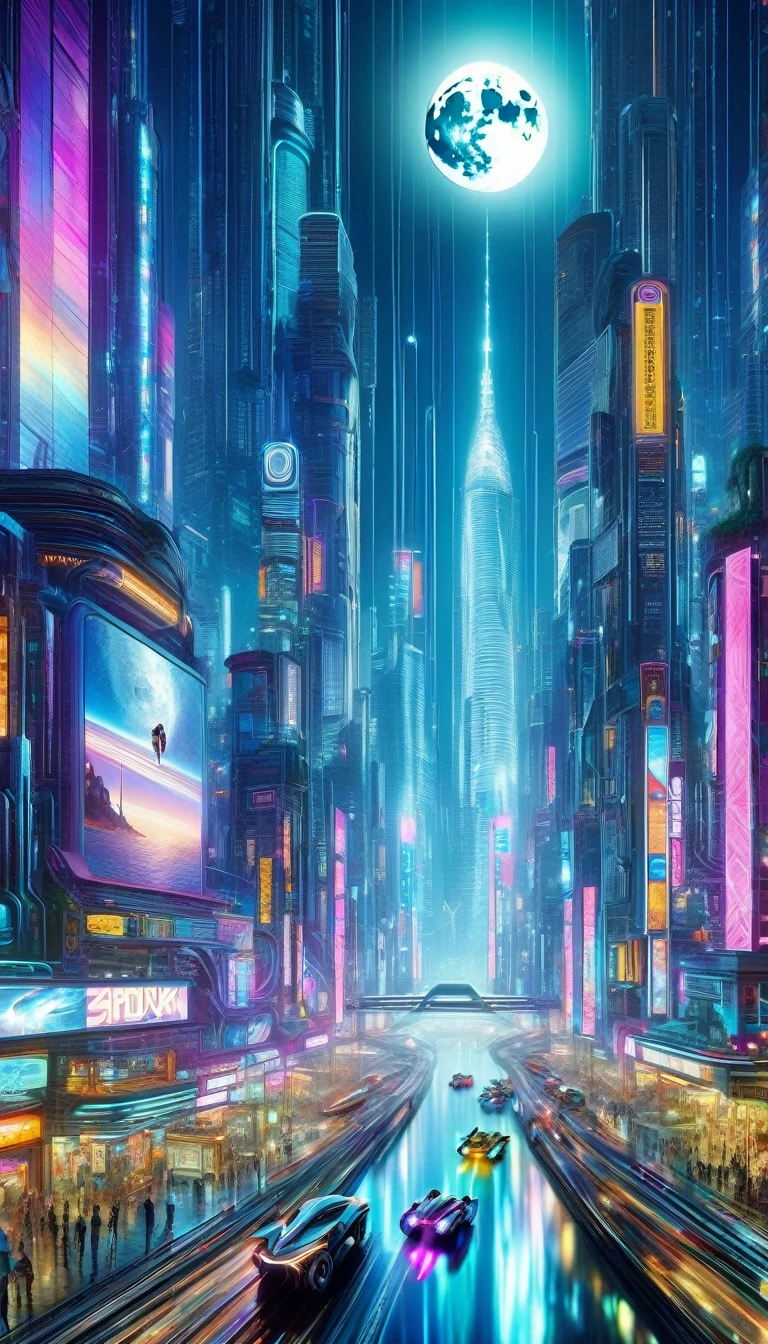 a futuristic cyberpunk city at night, towering skyscrapers, neon lights, flying cars, holographic advertisements, a full moon in the starry sky, intricate details, fantasy elements, magic, surreal, cinematic, (best quality,4k,8k,highres,masterpiece:1.2),ultra-detailed,(realistic,photorealistic,photo-realistic:1.37),oil painting,inspired by Bill Sienkiewicz