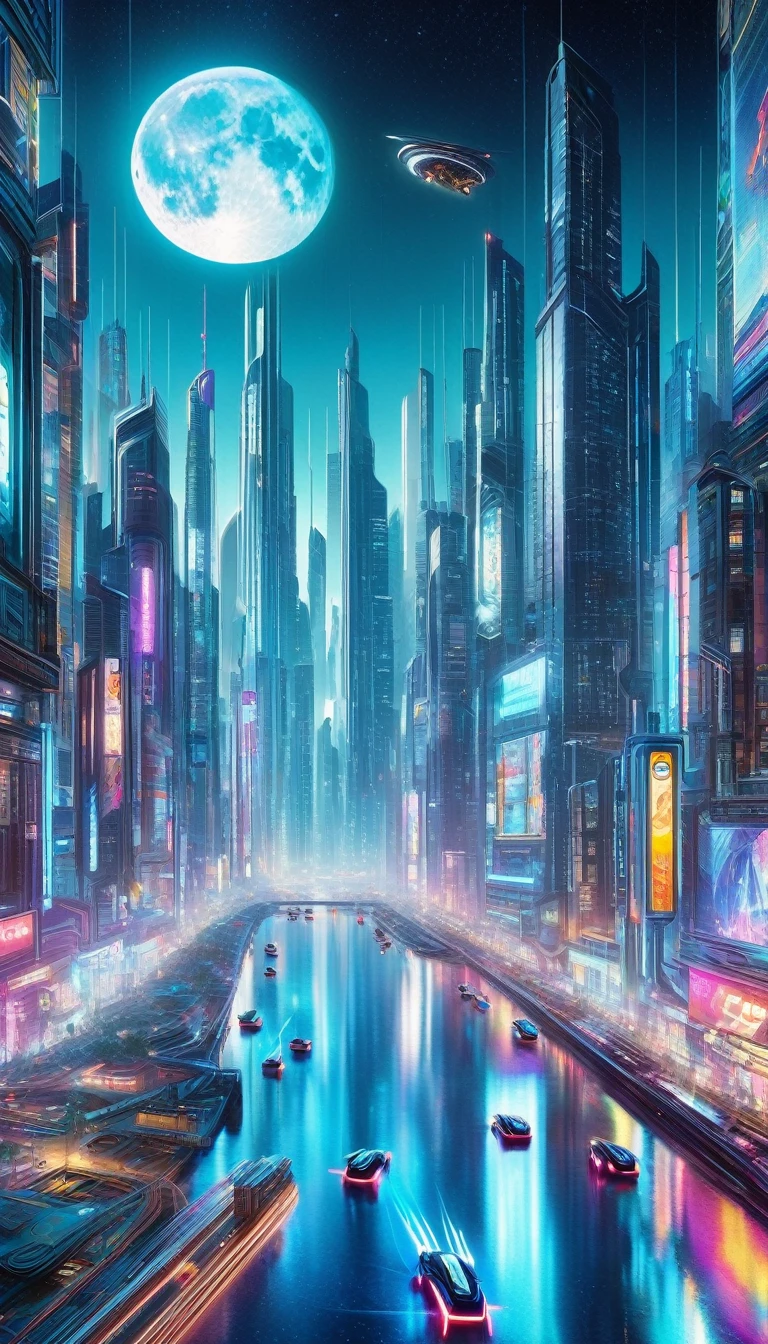 a futuristic cyberpunk city at night, towering skyscrapers, neon lights, flying cars, holographic advertisements, a full moon in the starry sky, intricate details, fantasy elements, magic, surreal, cinematic, (best quality,4k,8k,highres,masterpiece:1.2),ultra-detailed,(realistic,photorealistic,photo-realistic:1.37),oil painting,inspired by Bill Sienkiewicz