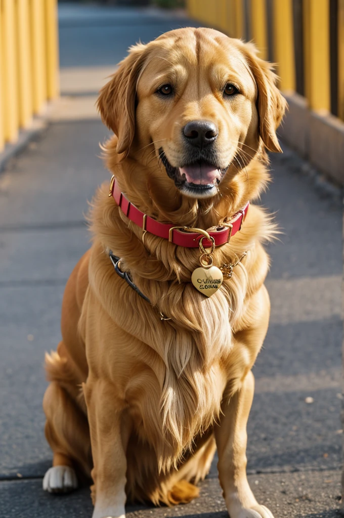 A Golden dog with a collar that says Mia