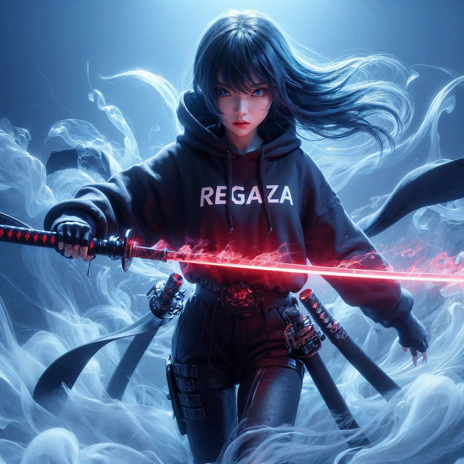 A 3D, metallic blue smoke ghost of a beautiful Korean woman with black eyes and long blue hair, wearing a black hoodie with "Regaza" written on it. She appears to be floating, with an angry expression, wearing black pants. Both hands hold glowing red katanas. The background features a bold gray room. Detailed, UHD, realistic, 8K quality.