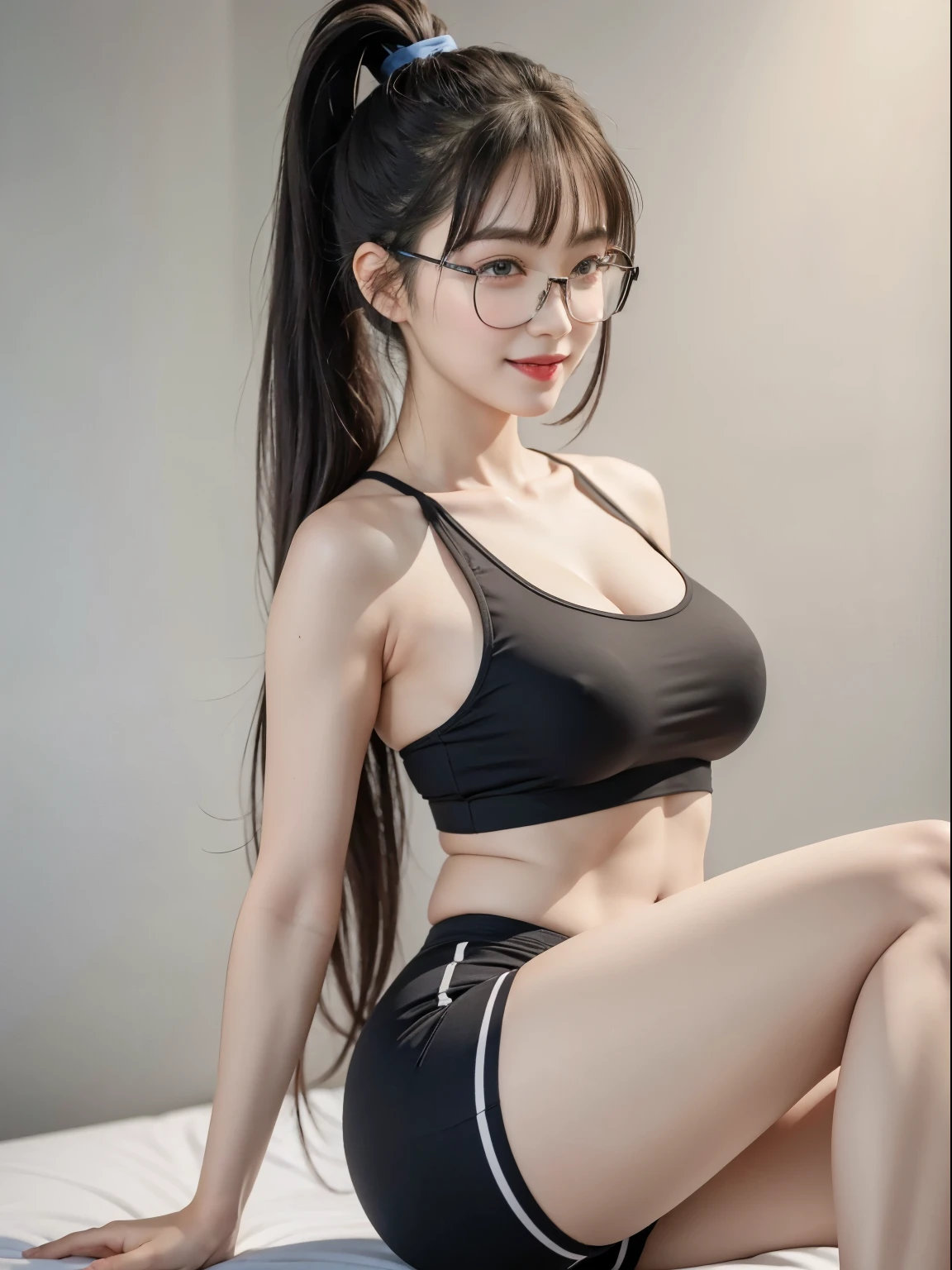 (Best quality, masterpiece, detailed), (RAW, 4k, hd images), 1 girl, , white skin, long hair, ponytail, layers hair, bangs, black hair, beautiful girl, cute girl, sweet girl, pretty girl, perfect girl, perfect body, pretty eyes, blue eyes, thin lips, (eye line, lip soft), perfect round breast, glasses(detailed frame), simple background, smile, thigh, legs, gym uniforms, full body, modeling pose, free style pose, random angle capture