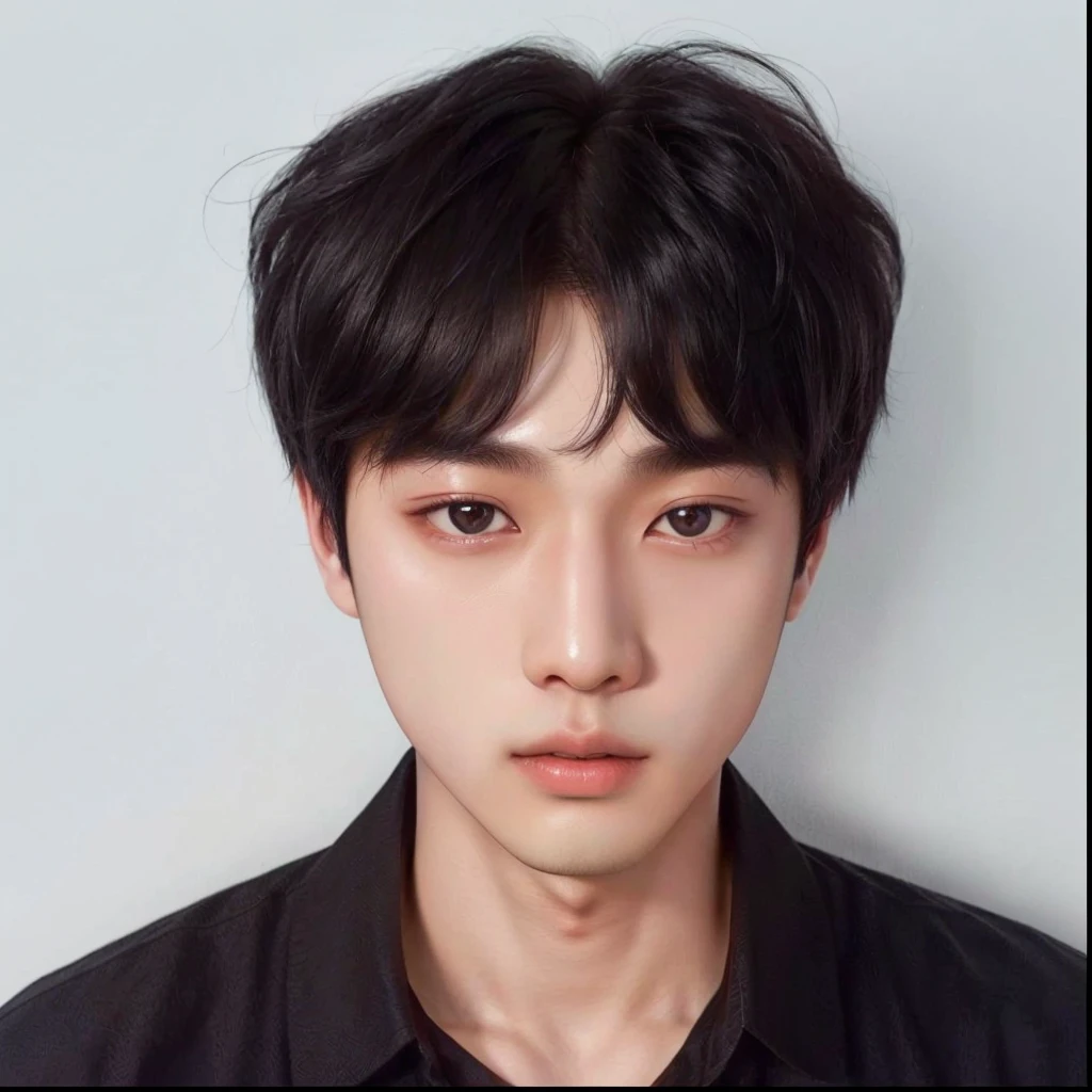 Arafed image of a young man in a black shirt and a black shirt., jinyoung shin, kim taejin, hyung tae, kim doyoung, profile headshot, korean symmetrical face, pale korean adorable face, jaeyeon nam, shin jeongho, with short hair, kpop idol portrait, hyung tae kim, Korean artist, hong june hyung