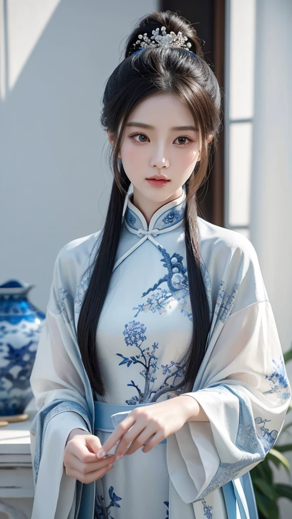 Exquisite hyper-realistic style Chinese beauty,Clothing integrates blue and white porcelain art design,Surrounded by gorgeous decorations,Classical temperament,Light and shadow create a quiet atmosphere,Soft light brings hazy beauty