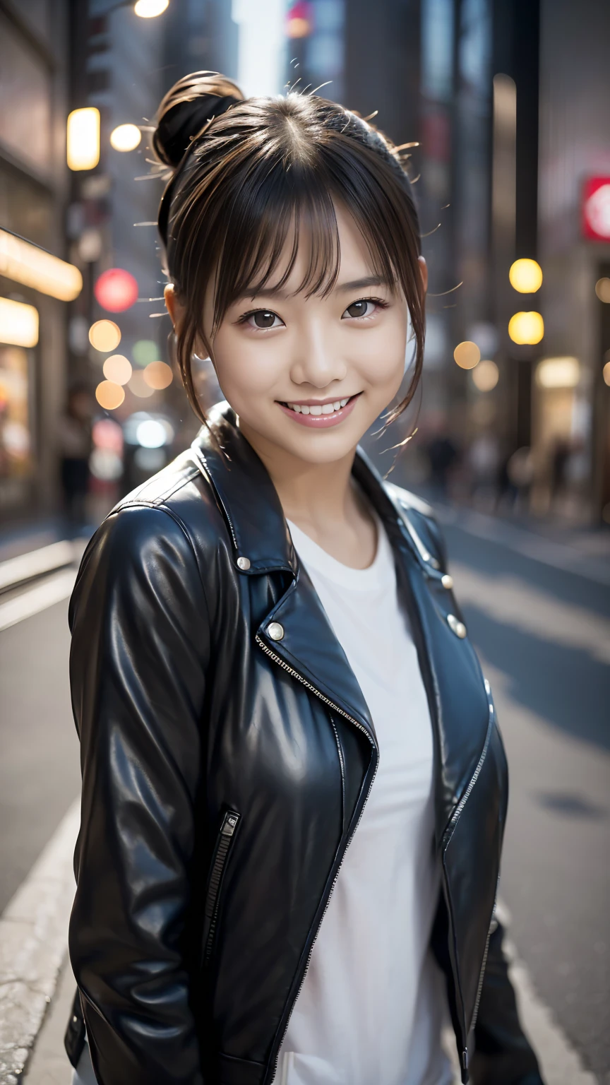 (((city:1.3, Outdoor, Photographed from the front))), ((Hair Bun:1.3,leather jacket,smile,Japanese women,cute)), (clean, Natural Makeup), (Highest quality, masterpiece:1.3, 超High resolution), (Very detailedな, Caustics), (Realistic:1.4, RAW shooting), Very detailed, High resolution, 16K resolution