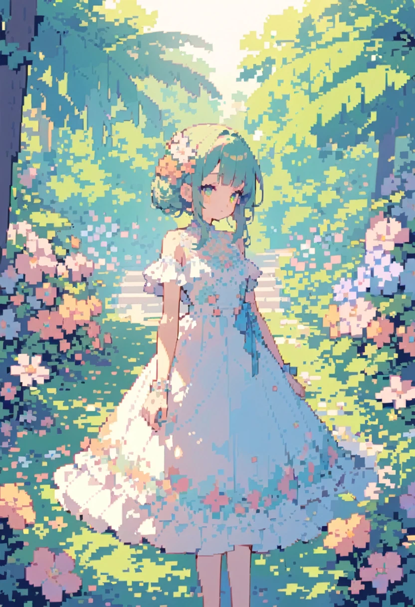 a beautiful detailed pixel art painting of a girl in a vibrant flower garden, summer afternoon light, delicate watercolor style, pastel colors, intricate details, soft focus, bright and luminous, masterpiece, sin personas, no girl no boy ,