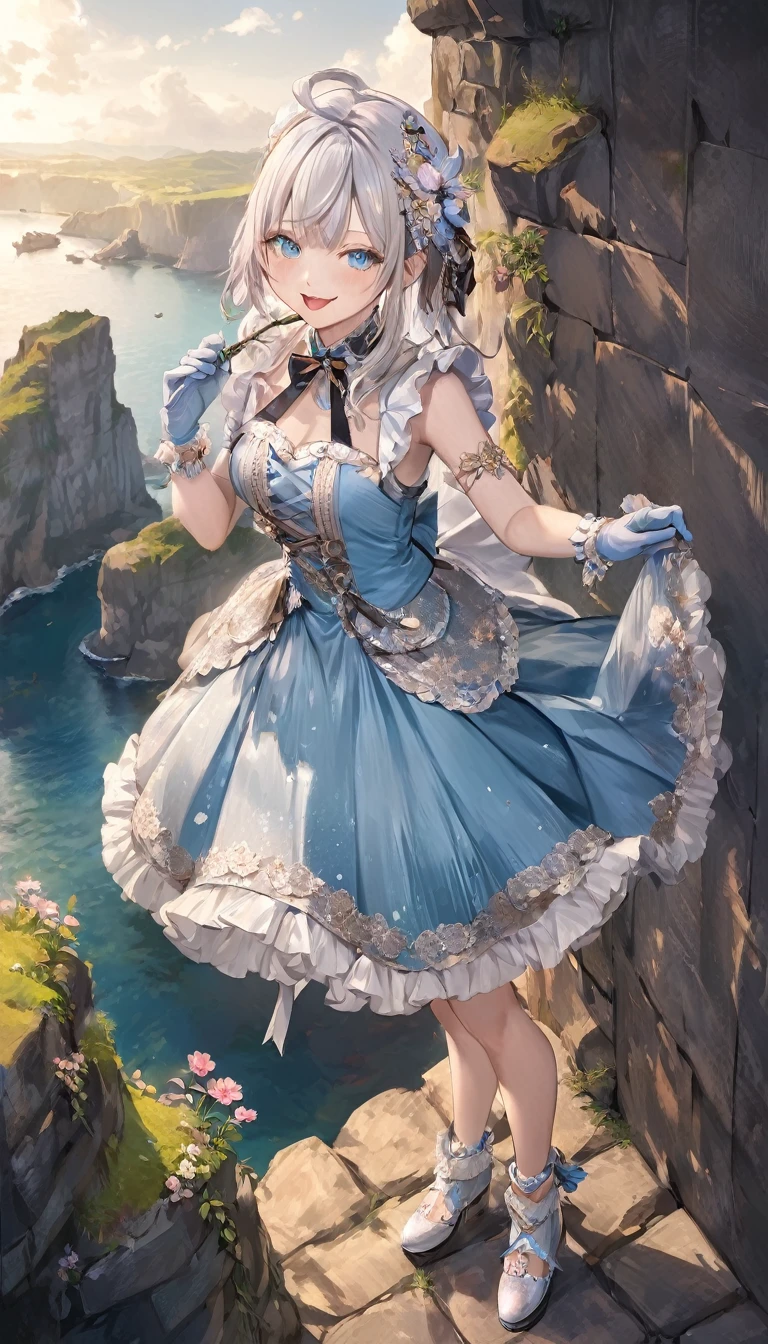 1girl, full body, cowboy shot,
(Rembrandt), illustration, (masterpiece), (best quality), (ultra_detailed), finely detail, (Depth of field),
HshinoAi,gloves, tongue out, tongue, long hair, star \(symbol\), looking at viewer, (white hair:1.2), blue eyes, upper body, hair ornament, :p, frills, pink shirt, smile, sleeveless, shirt, idol, symbol-shaped pupils, hands up, bangs, one side up, star-shaped pupils, arms up,
dress pull,
Roaring Twenties, isometric, from above, sky, flower, cliff,