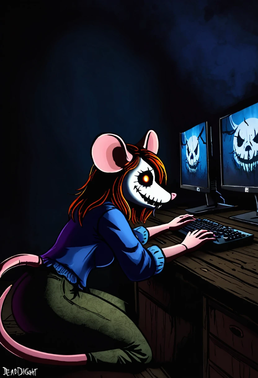 A rat woman, playing Dead By Daylight on a gaming computer, with little mice watching