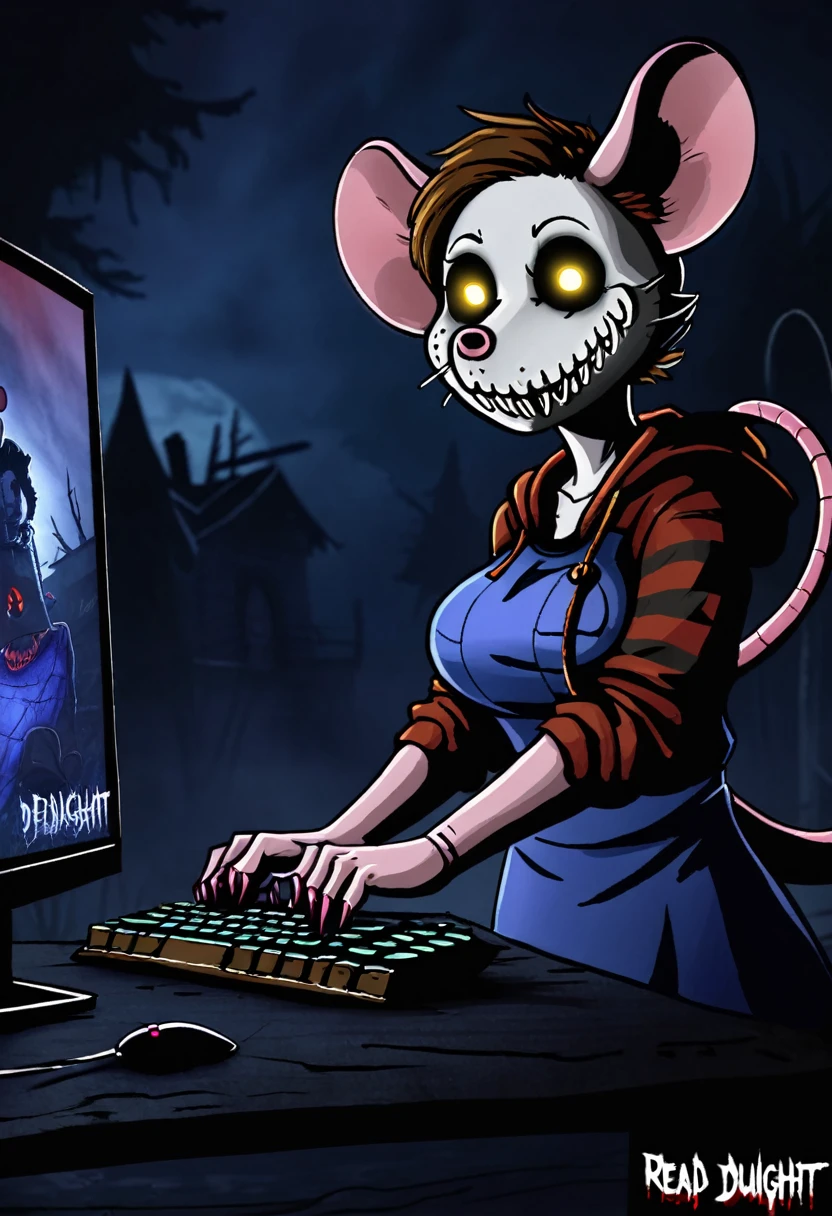 A rat woman, playing Dead By Daylight on a gaming computer, with little mice watching