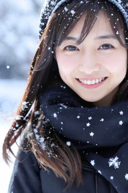 A slender Japanese woman looking at the camera、Cute face、smile、Snow in the background、High resolution、High resolution画像
