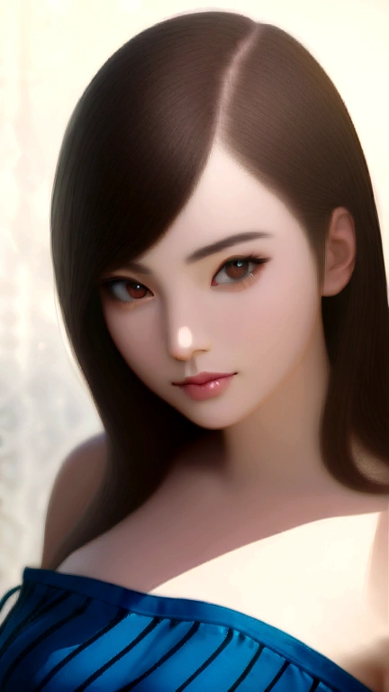 Masterpiece, best quality, 1girl, solo, cute face, blush, hime cut, black hair, soft smooth skin, large breasts, hair ornament, detailed red eyes, navel, cleavage, very long hair, closed mouth, underwear, hairclip, blunt bangs, stomach, looking to the side, black pantyhose, looking away, thigh gap, wavy mouth, black bra,  lace trim straight hair, facing viewer, high-resolution detail, soft lighting, detailed face, by Artgerm Lau, Wlop, Rossdraws, concept art, digital painting