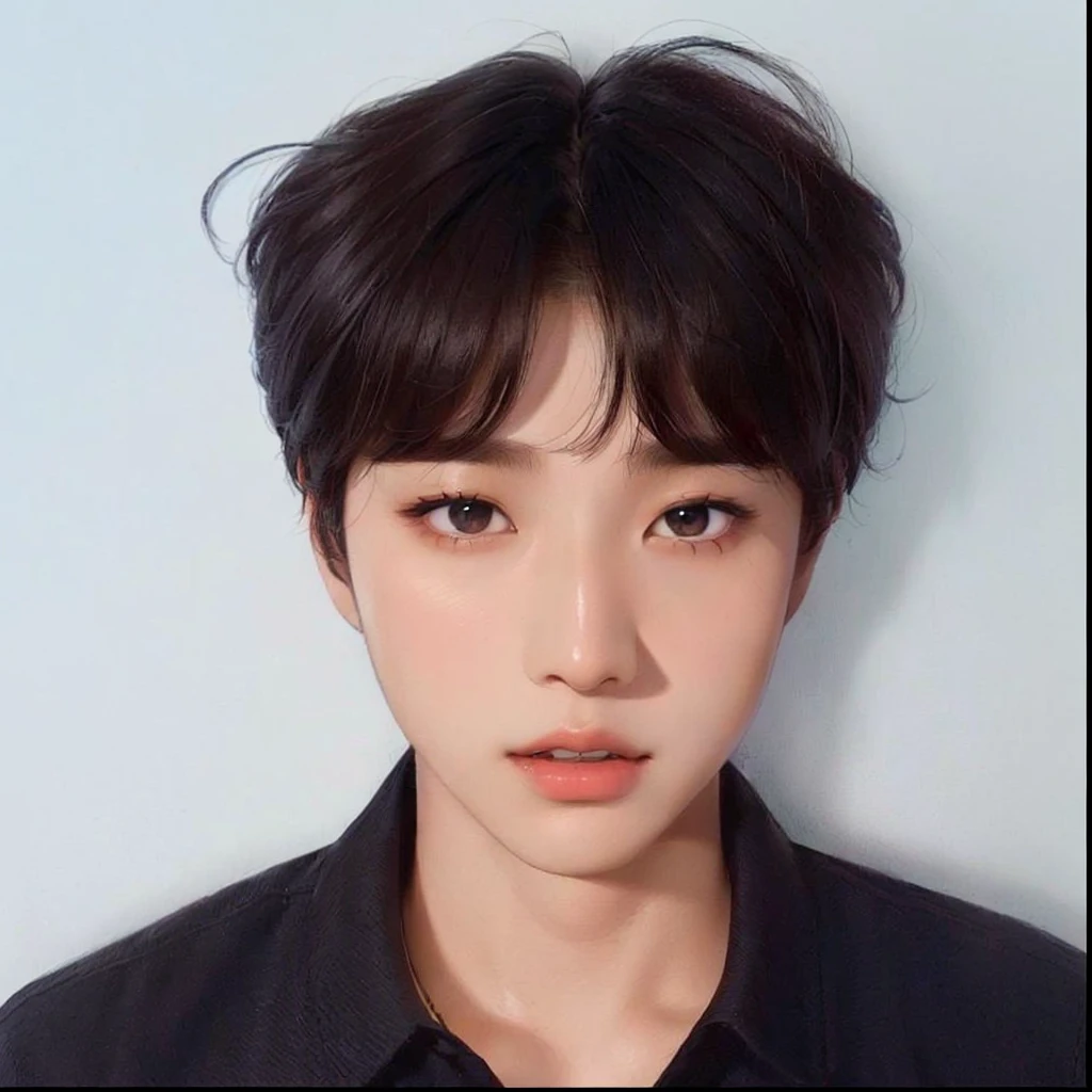 Arafed image of a young man in a black shirt and a black shirt., jinyoung shin, kim taejin, hyung tae, kim doyoung, profile headshot, korean symmetrical face, pale korean adorable face, jaeyeon nam, shin jeongho, with short hair, kpop idol portrait, hyung tae kim, Korean artist, hong june hyung