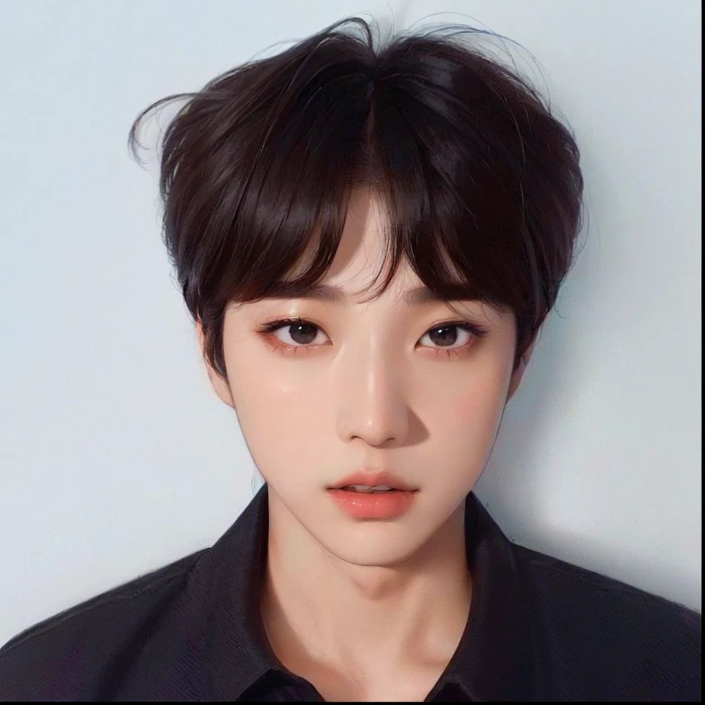 Arafed image of a young man in a black shirt and a black shirt., jinyoung shin, kim taejin, hyung tae, kim doyoung, profile headshot, korean symmetrical face, pale korean adorable face, jaeyeon nam, shin jeongho, with short hair, kpop idol portrait, hyung tae kim, Korean artist, hong june hyung