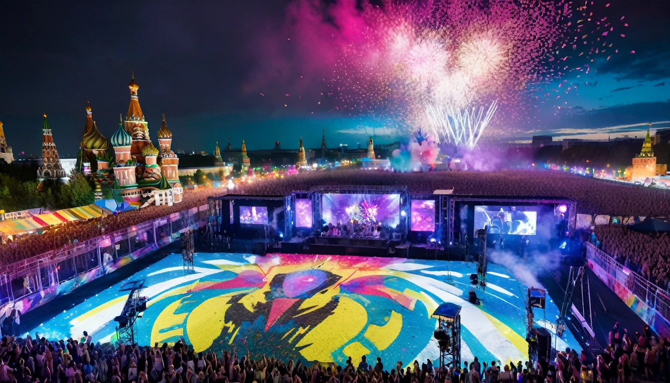- "A massive open-air techno event with thousands of beautiful dancing adults, featuring Alexei Navalny, some with clothing reminiscent of the Ukrainian flag, vibrant and energetic atmosphere, colorful lights and stage, diverse crowd with smiling faces, dynamic dance moves, intricate costumes, held at the Mutabor/Arma venue in Moscow, summer daytime setting, industrial backdrop with graffiti art, futuristic installations, DJs mixing on elevated platforms, detailed sound equipment, vibrant decor with neon elements, interactive light shows, confetti in the air, cityscape of Moscow visible in the background, food stalls and lounge areas, vibrant and immersive experience --v 5 --q 2 --ar 16:9"