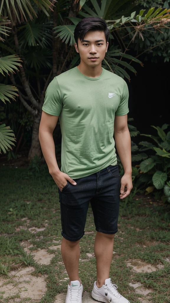 Anime, young male, age, caucassian masculine square face, green dark hair, tight long shorts, best quality, topless, tattoo, full body view