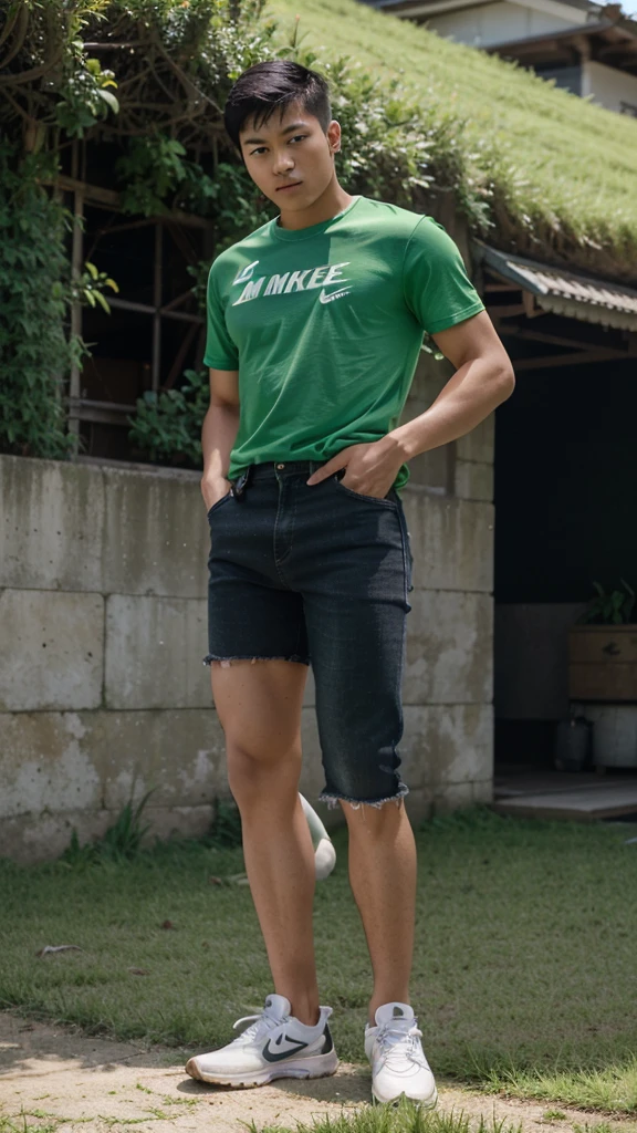 Professional photography, a handsome young asian man, 20 years old, short hair, slightly smiling. Wearing a green t-shirt, black jeans slightly ripped at the knees, nike shoes. Standing in the middle of a rice fiel, treaning an eagle that files to grap a heron