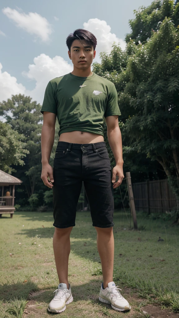 Professional photography, a handsome young asian man, 20 years old, short hair, slightly smiling. Wearing a green t-shirt, black jeans slightly ripped at the knees, nike shoes. Standing in the middle of a rice fiel, treaning an eagle that files to grap a heron
