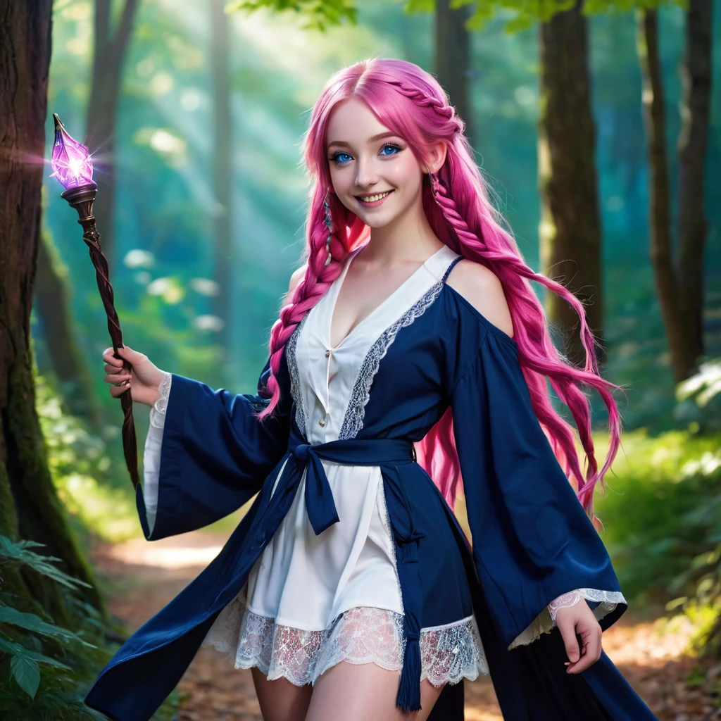 a girl, ((young girl)), slim, long pink hair in layered braids, vibrant pink hair. Blue eyes, long nose, round nose, (((detailed eyes))), round cheeks, full cheeks, youthful face, Soft jaw, round jaw, babyface, bright smile, happy. Wearing a ((dark blue)) and white wizard robe, white lace, short skirt, holding a wand. Fantasy. Good eyes, slim chest, flat chest. Magical forest background, leafy trees provide shade. Show her walking, looking to the side.