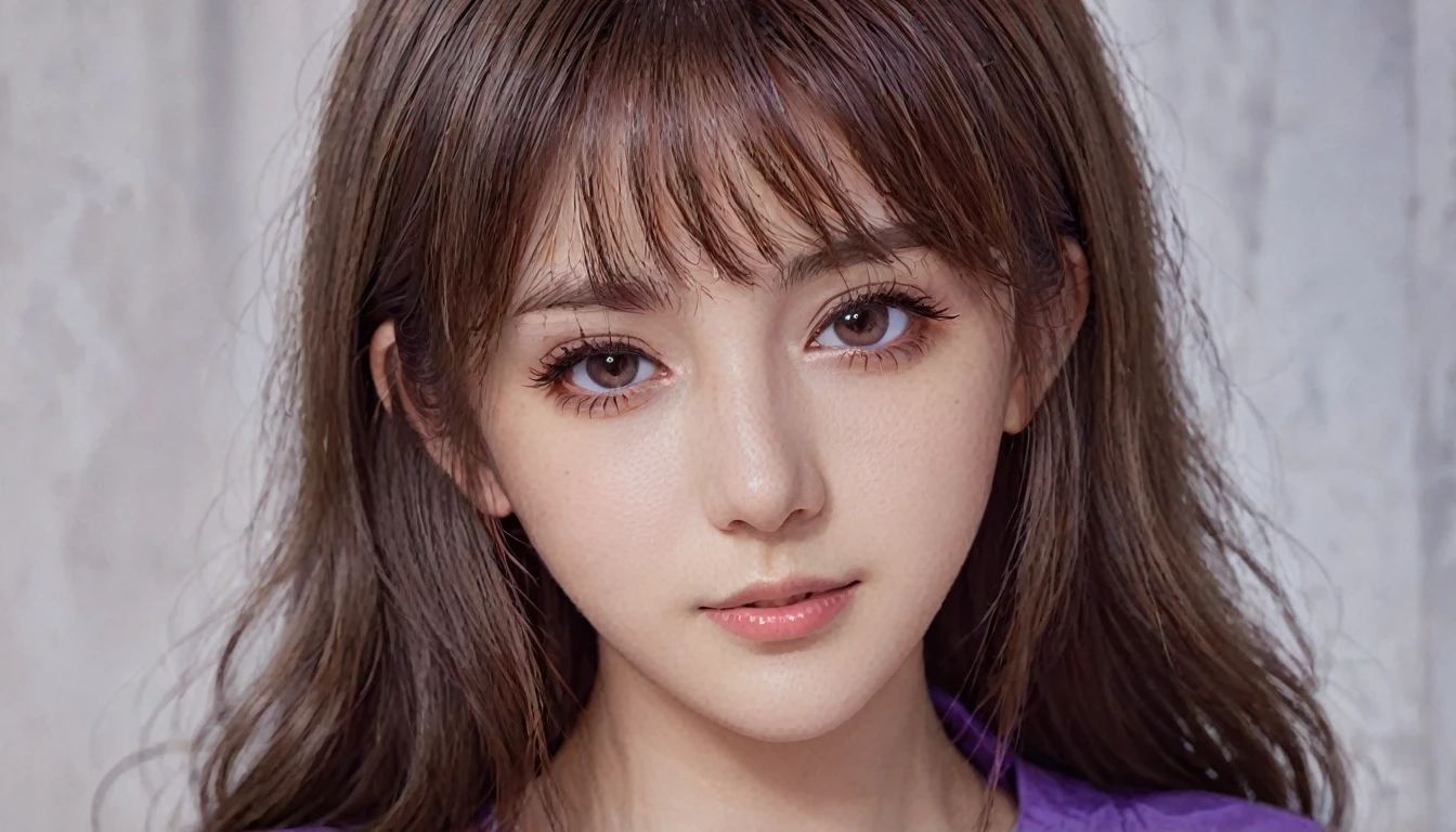 1girl, solo, long_hair, looking_at_viewer, bangs, brown_hair, shirt, original, brown_eyes, closed_mouth, artist_name, lips, eyelashes, watermark, close-up, portrait, realistic, nose, photo_(medium), purple_shirt, real_life, photo-referenced