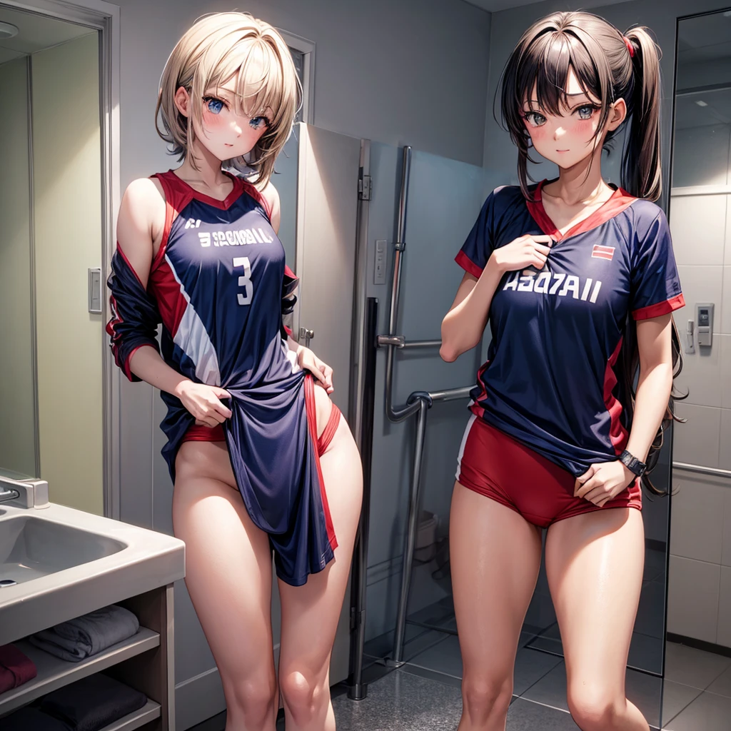 anime girl,with volleyball clothes,in the bathroom,changing 