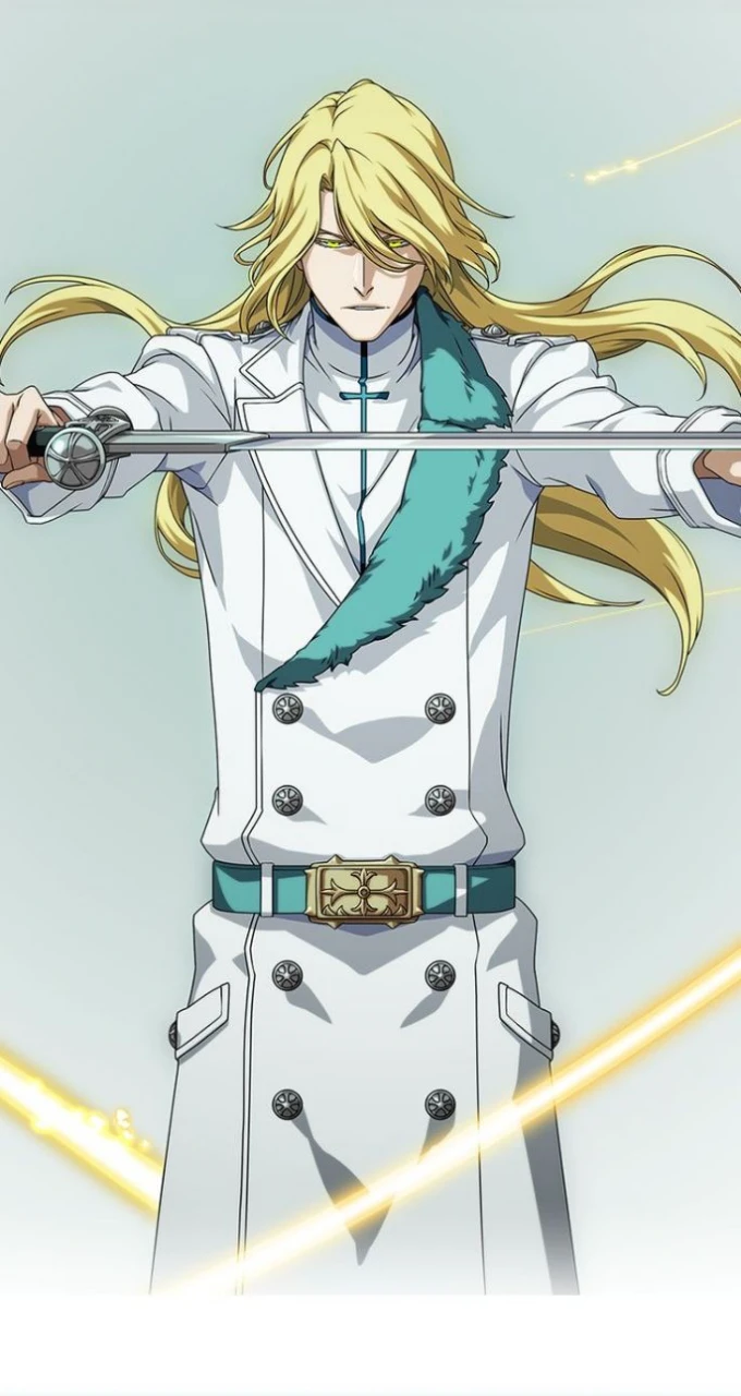((snowflakes)), ((white trousers)), masterpiece, ultra-detailed, best quality, 1boy, long hair, blonde hair, yellow eyes, white uniform, black cape, green fur collar, sitting on the throne, he holds a silver glass in his right hand, throne room, ,mksks