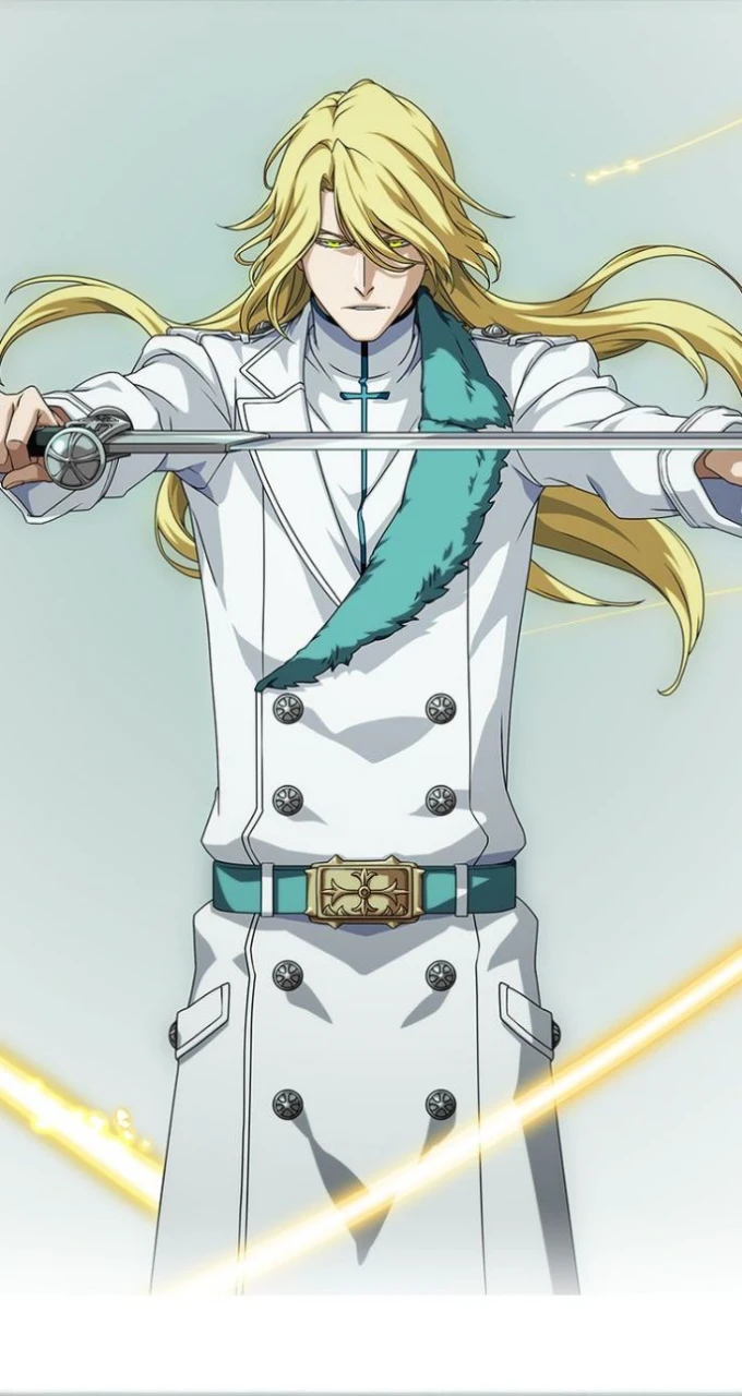 ((snowflakes)), ((white trousers)), masterpiece, ultra-detailed, best quality, 1boy, long hair, blonde hair, yellow eyes, white uniform, black cape, green fur collar, sitting on the throne, he holds a silver glass in his right hand, throne room, ,mksks
