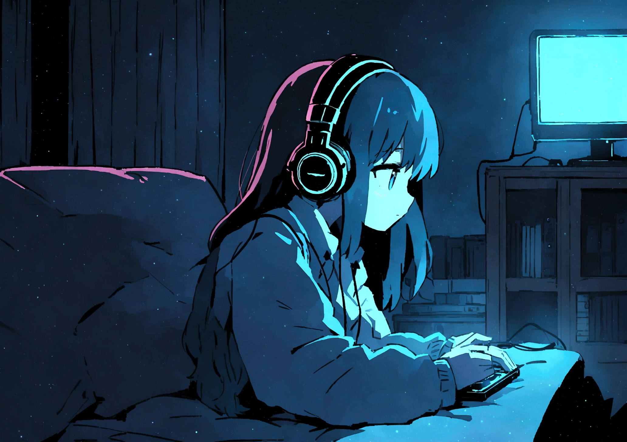 ( High Definition 2D Anime) Girl listening to music in a cozy room at night, use headphones, 2d anime style, they be, Hard disk, kinda dark