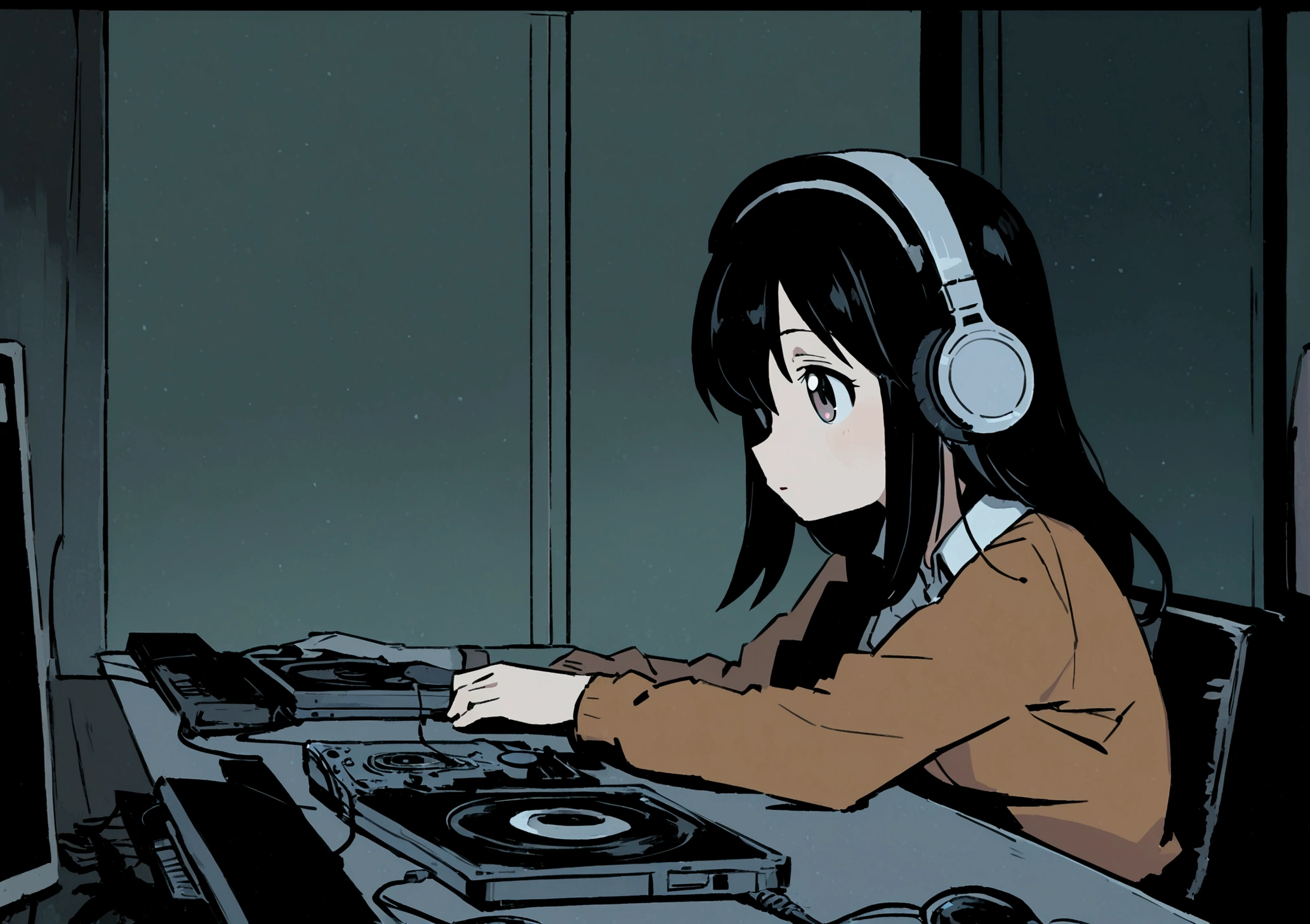 ( High Definition 2D Anime) Girl listening to music in a cozy room at night, use headphones, 2d anime style, they be, Hard disk, kinda dark