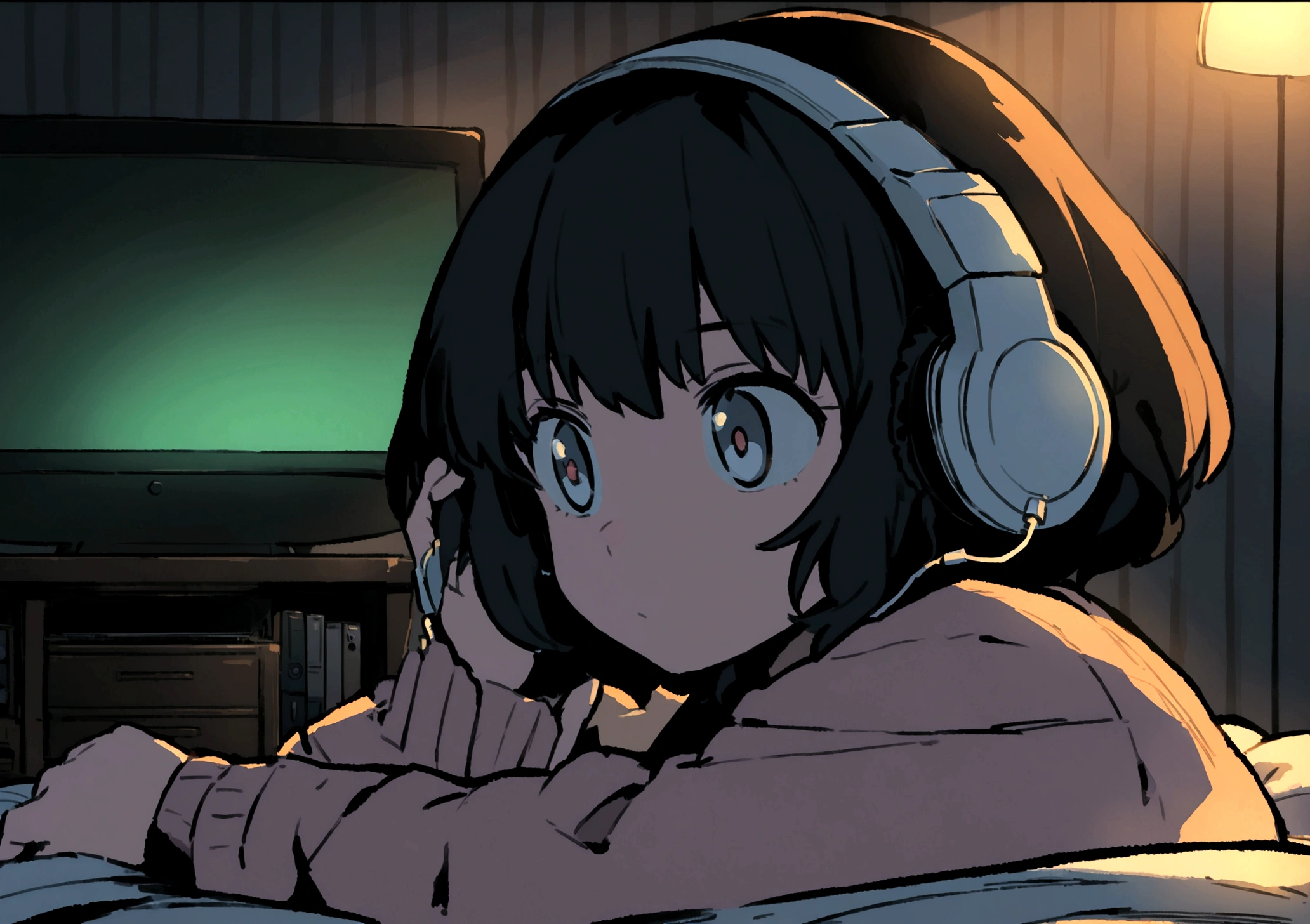 ( High Definition 2D Anime) Girl listening to music in a cozy room at night, use headphones, 2d anime style, they be, Hard disk, kinda dark
