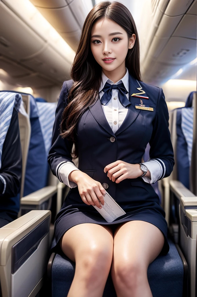 1 woman, 40 years、overly detailed face、detailed lips、eye for detail、double eyelid、(black bob hair、Like an airplane stewardess々do a good job)、(stewardess uniform:1.2)、(glamorous body)、(huge breasts)、laugh、thighs thighs thighs thighs, perfect fit, Perfect image realism, background: (Business class aisle on airplanes:1.2), cowboy shot, 심층적인 background, detailed costumes, perfect reading、surrealism、(realistic:1.4)、8K maximum resolution, (masterpiece), very detailed, professional