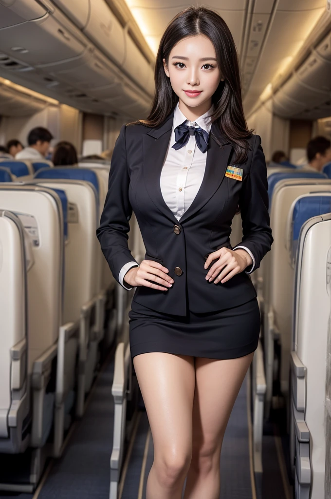 1 woman, 40 years、overly detailed face、detailed lips、eye for detail、double eyelid、(black bob hair、Like an airplane stewardess々do a good job)、(stewardess uniform:1.2)、(glamorous body)、(huge breasts)、laugh、thighs thighs thighs thighs, perfect fit, Perfect image realism, background: (Business class aisle on airplanes:1.2), cowboy shot, 심층적인 background, detailed costumes, perfect reading、surrealism、(realistic:1.4)、8K maximum resolution, (masterpiece), very detailed, professional