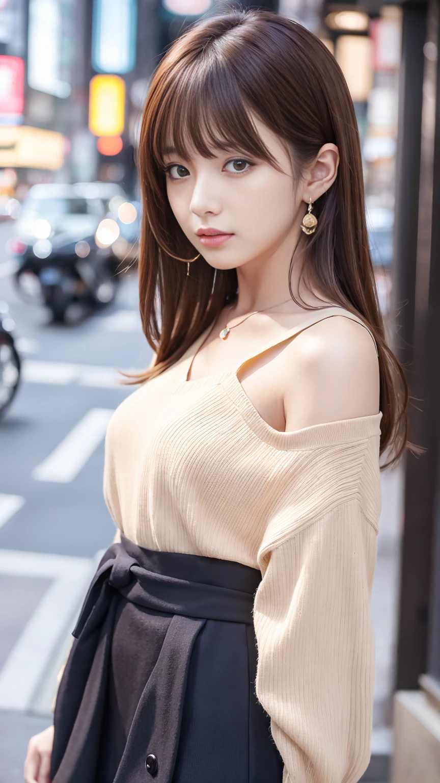 Ultra-high resolution, Superior Quality, Highest quality, Super detailed, Realistic, 8K, RAW Photos, Highest quality, masterpiece, Attractive girl, A wonderful girl, Brown Hair, Shoulder-length layered, Asymmetrical bangs, Japanese Idols, Sophisticated, stylish, blouse,Shibuya Ward, 