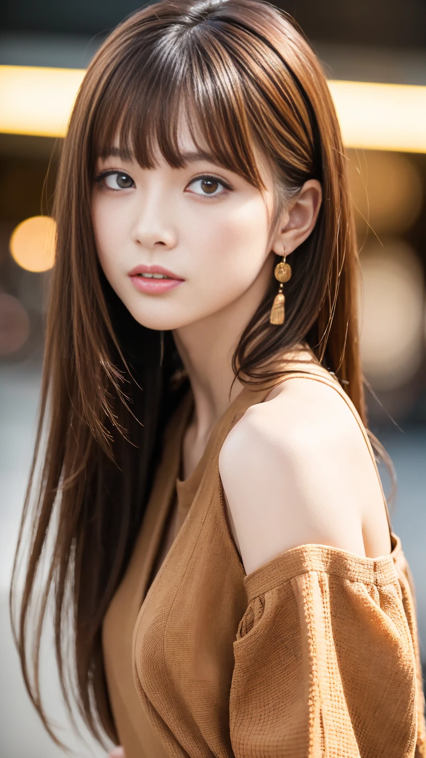 Ultra-high resolution, Superior Quality, Highest quality, Super detailed, Realistic, 8K, RAW Photos, Highest quality, masterpiece, Attractive girl, A wonderful girl, Brown Hair, Shoulder-length layered, Asymmetrical bangs, Japanese Idols, Sophisticated, stylish, blouse,Shibuya Ward, 