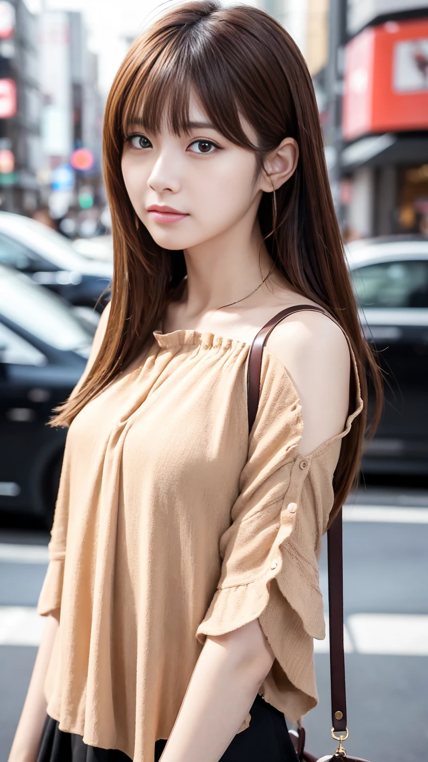 Ultra-high resolution, Superior Quality, Highest quality, Super detailed, Realistic, 8K, RAW Photos, Highest quality, masterpiece, Attractive girl, A wonderful girl, Brown Hair, Shoulder-length layered, Asymmetrical bangs, Japanese Idols, Sophisticated, stylish, blouse,Shibuya Ward,