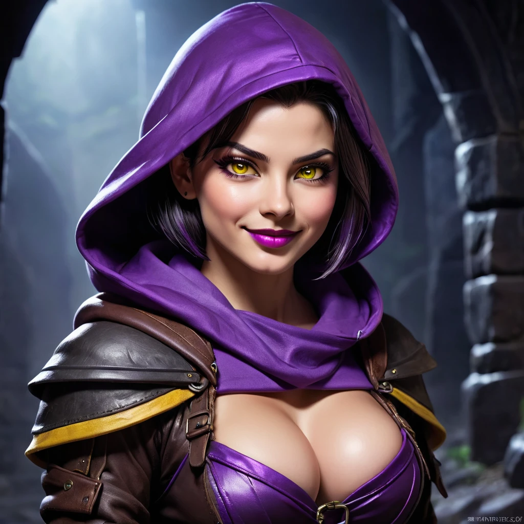 A female ranger wearing brown leathers with a purple hood, detailed yellow eyes, ((yellow eyes)), purple lipstick, short black hair swept back, hair tied back, fantasy ranger, purple hood, intense dangerous expression and smile. Detailed hands. ((Detailed eyes)), ((Detailed face)). vibrant colors., high quality, high resolution, masterpiece, (High resolution), (high quality), (sharp focus), (best quality), cleavage. Show her walking through a dark dungeon, full body shot. pov from the side.