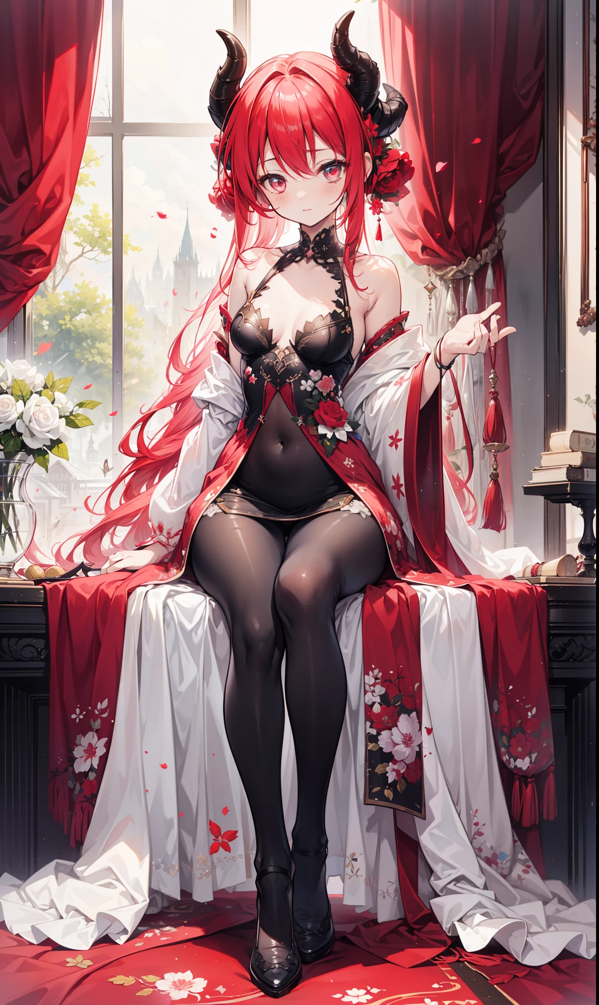 （tmasterpiece，best quality）， 1个Giant Breast Girl， 独奏， Full body lesbian，lace hose，Chinese curtains：1.4)，high-heels，Lower bust，Clothes tugboat，self-expression，Be red in the face,high-quality wallpaper, lacepantyhose,Lower bust，medium，exposing her big breasts