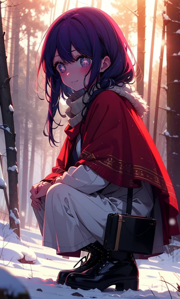 aihoshino, Ai Hoshino, Long Hair, bangs, (Purple eyes:1.1), Purple Hair, (Symbol-shaped pupil:1.5), smile,,smile,blush,White Breath,
Open your mouth,snow,Ground bonfire, Outdoor, boots, snowing, From the side, wood, suitcase, Cape, Blurred, , forest, White handbag, nature, Squat, Mouth closed, Cape, winter, Written boundary depth, Black shoes, red Cape break looking at viewer, Upper Body, whole body, break Outdoor, forest, nature, break (masterpiece:1.2), Highest quality, High resolution, unity 8k wallpaper, (shape:0.8), (Beautiful and beautiful eyes:1.6), Highly detailed face, Perfect lighting, Extremely detailed CG, (Perfect hands, Perfect Anatomy),