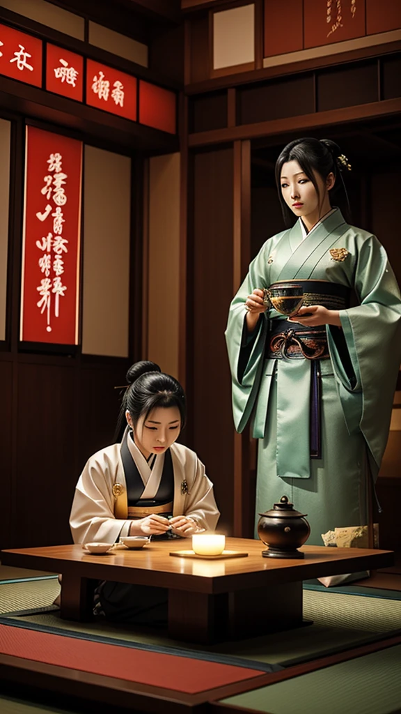 A high-tech tea ceremony party is taking place in a cyberpunk setting in the future of Japan.、An android and a human in traditional Japanese clothing are drinking tea。The hanging scroll in the room reads:"wrtn"it is written like this。A realistic image of。