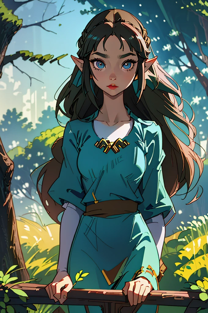 (best quality, masterpiece1.2), (detailed eye:1.2), intricate detail, depth of field, 1girl, standing, upper body, princess zelda, long hair, forest, looking at viewer, 