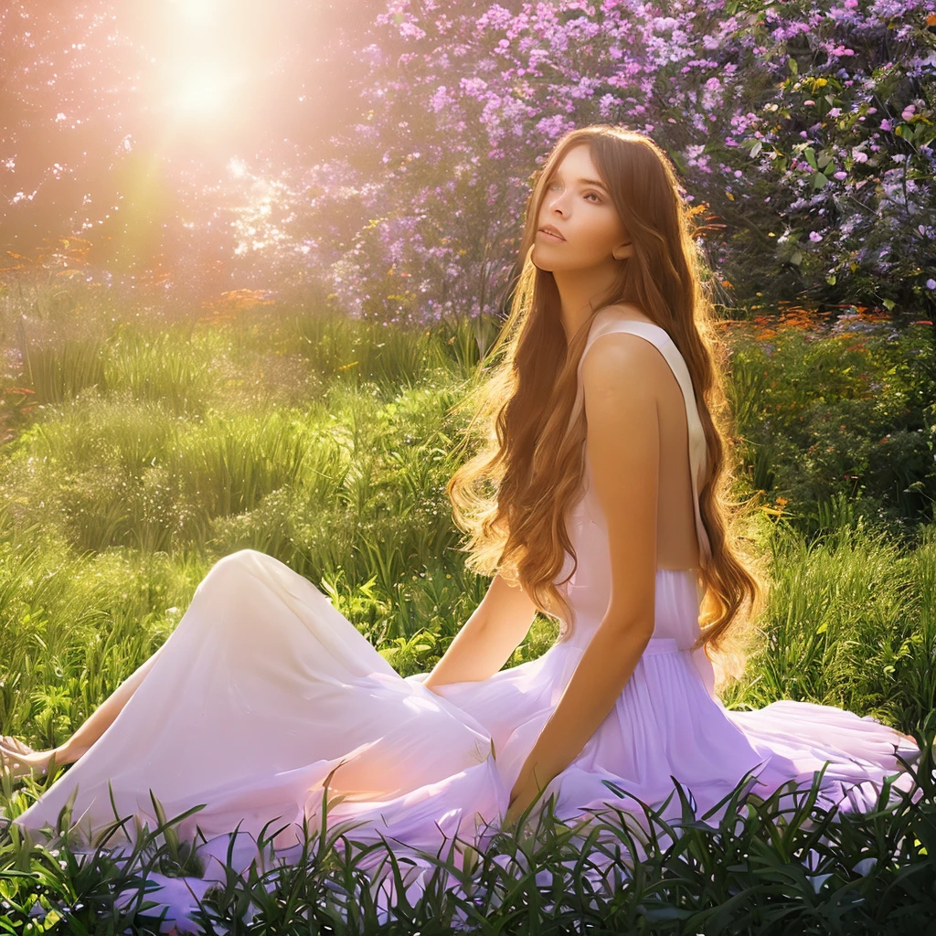 A peaceful garden, a girl sitting on the grass, detailed eyes and face, serene expression, long flowing hair, sunlight filtering through the trees, lush greenery, calm pond, soft pastel colors, natural lighting, photorealistic, 8k, high quality, beautiful detailed portrait