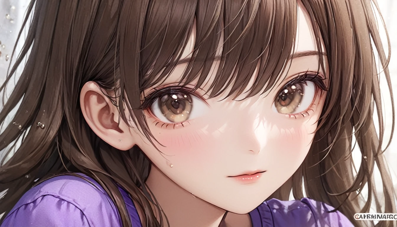 1girl, solo, long_hair, looking_at_viewer, bangs, brown_hair, shirt, original, brown_eyes, closed_mouth, artist_name, lips, eyelashes, watermark, close-up, portrait, realistic, nose, photo_(medium), purple_shirt, real_life, photo-referenced