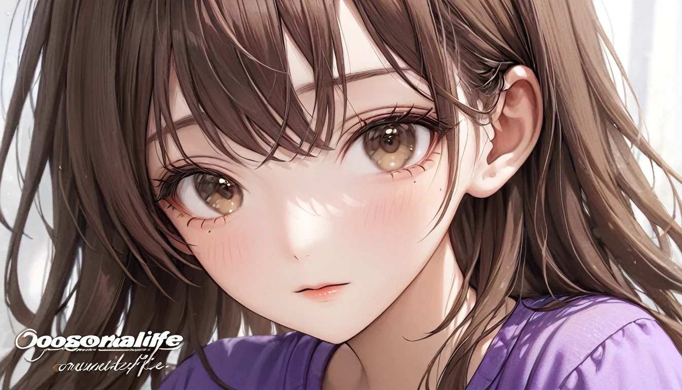 1girl, solo, long_hair, looking_at_viewer, bangs, brown_hair, shirt, original, brown_eyes, closed_mouth, artist_name, lips, eyelashes, watermark, close-up, portrait, realistic, nose, photo_(medium), purple_shirt, real_life, photo-referenced